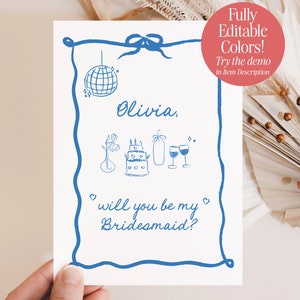 Bridesmaid Proposal Card Template Will You Be My Bridesmaid Bridesmaid Card Wavy Border Modern Retro Ribbon Bridesmaid Proposal H1 image 3