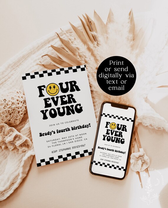 Fourth Birthday Invite Template, Four Ever Young, Smile Face, Boy 4th, Lightening Bolt, Instant Download, Editable Template, S4