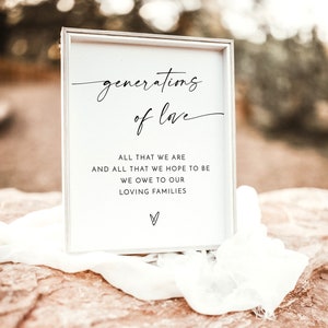 Op de afbeelding: Een wit ingelijst bord met zwarte kalligrafie waarop "generations of love" staat. Het bord bevat ook de tekst "All that we are and all that we hope to be we owe to our loving families".