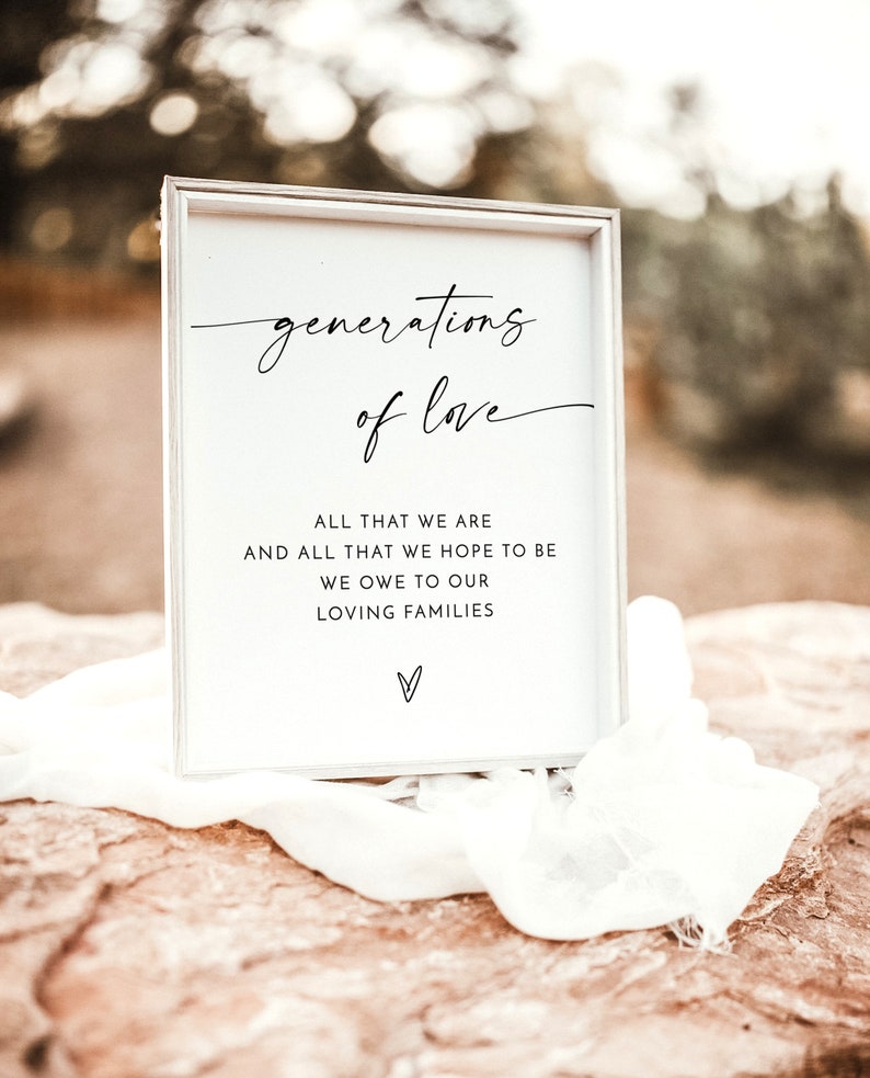 Op de afbeelding: Een wit ingelijst bord met zwarte kalligrafie waarop "generations of love" staat. Het bord bevat ook de tekst "All that we are and all that we hope to be we owe to our loving families".