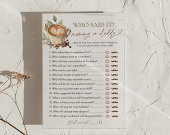 PRINTED + SHIPPED | Who Said It Mommy or Daddy Baby Shower Game Coffee Latte Brown Greenery A Baby is Brewing Game Card