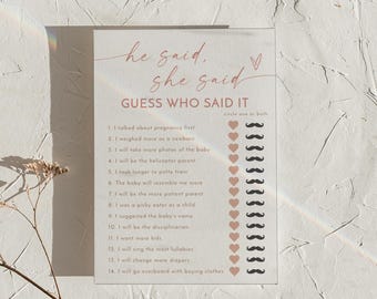 PRINTED + SHIPPED | He Said She Said Baby Shower Game Mommy or Daddy Guess Who Said It Terracotta Boho Gender Neutral Card