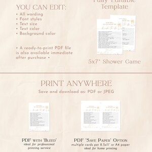 May include: Editable printable bridal shower game template with gold accents and champagne glasses. The game is titled "How Well Do You Know The Bride-To-Be?" and is available in 5x7 inch size. The template can be printed with bleed or save paper options.