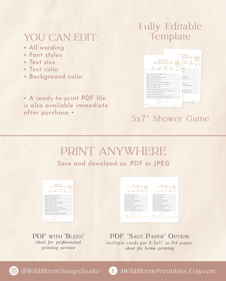 May include: Editable printable bridal shower game template with gold accents and champagne glasses. The game is titled "How Well Do You Know The Bride-To-Be?" and is available in 5x7 inch size. The template can be printed with bleed or save paper options.