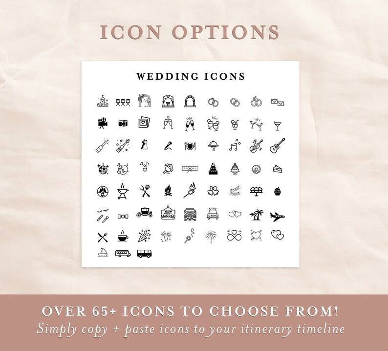 Pode incluir: Um gr&aacute;fico preto e branco com mais de 65 &iacute;cones de casamento. Os &iacute;cones incluem uma variedade de temas relacionados ao casamento, como an&eacute;is, bolo, champanhe e uma igreja. O texto "Wedding Icons" est&aacute; no topo do gr&aacute;fico, e o texto "Over 65+ Icons to Choose From!" est&aacute; na parte inferior.