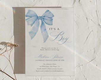 PRINTED + SHIPPED | Its a Boy Baby Shower Invitation Blue Bow Watercolor Boy Baby Shower Invite Coquette Blue Bow Card