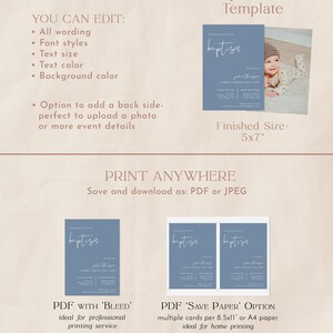 May include: Editable baptism invitation template with a blue background and white text. The template features a photo of a baby boy and the text "baptism" in a script font. The template is 12.7 x 17.8 cm and can be printed at home or professionally.