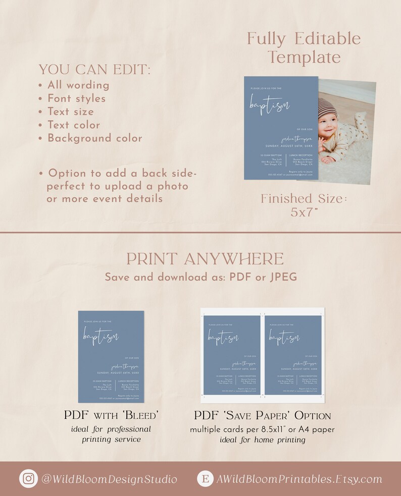 May include: Editable baptism invitation template with a blue background and white text. The template features a photo of a baby boy and the text "baptism" in a script font. The template is 12.7 x 17.8 cm and can be printed at home or professionally.