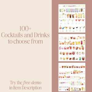 K&ouml;nnte beinhalten: Eine digitale Illustration mit &uuml;ber 100 Aquarell-Cocktails und Getr&auml;nken. Das Bild ist in drei Abschnitte unterteilt, die jeweils eine Auswahl an Getr&auml;nken in verschiedenen Gl&auml;sern und Flaschen zeigen. Der Text "100+ Cocktails and Drinks to choose from" wird oben im Bild angezeigt, und "Try the free demo in Item Description" wird unten angezeigt.