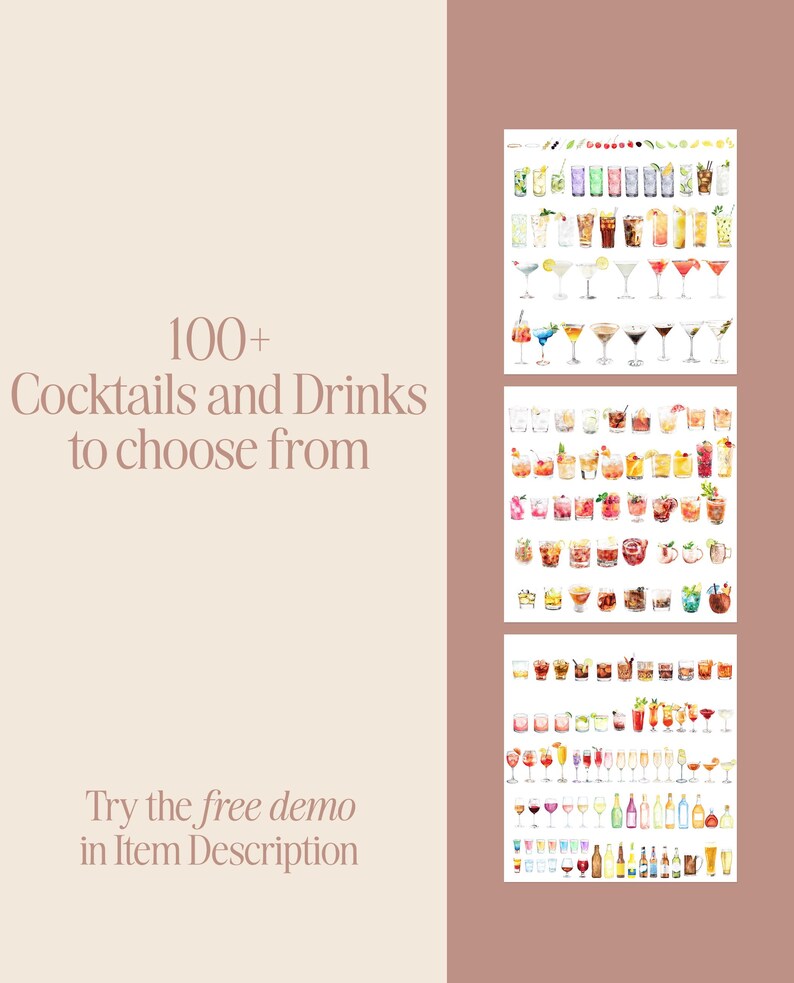 K&ouml;nnte beinhalten: Eine digitale Illustration mit &uuml;ber 100 Aquarell-Cocktails und Getr&auml;nken. Das Bild ist in drei Abschnitte unterteilt, die jeweils eine Auswahl an Getr&auml;nken in verschiedenen Gl&auml;sern und Flaschen zeigen. Der Text "100+ Cocktails and Drinks to choose from" wird oben im Bild angezeigt, und "Try the free demo in Item Description" wird unten angezeigt.