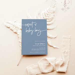 Boy Baby Shower Invitation Template, Modern Minimalist Baby Shower Invite, Boy Baby Shower, Dusty Blue Baby Shower Invite, BM1