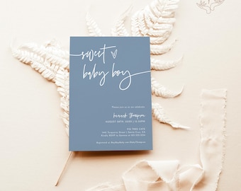 Boy Baby Shower Invitation Template, Modern Minimalist Invite, Dusty Blue, Instant Download, Editable Template, BM1