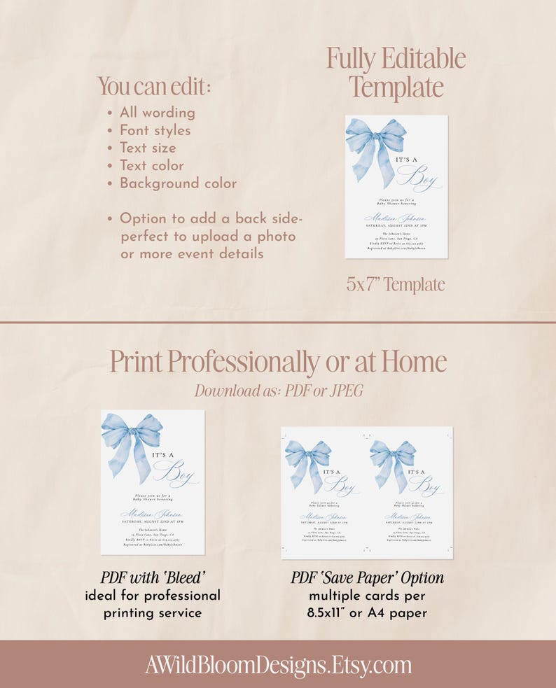 May include: Editable baby shower invitation template with a blue watercolor bow and the text "It's a Boy". The template is available in 5x7 inches and can be printed professionally or at home.