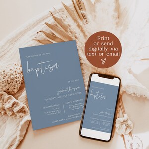 May include: A blue and white baptism invitation with the text "Please join us for the baptism of our son Jordan Thompson, Sunday, August 28th, 20XX". The invitation includes details for the baptism ceremony and lunch reception.