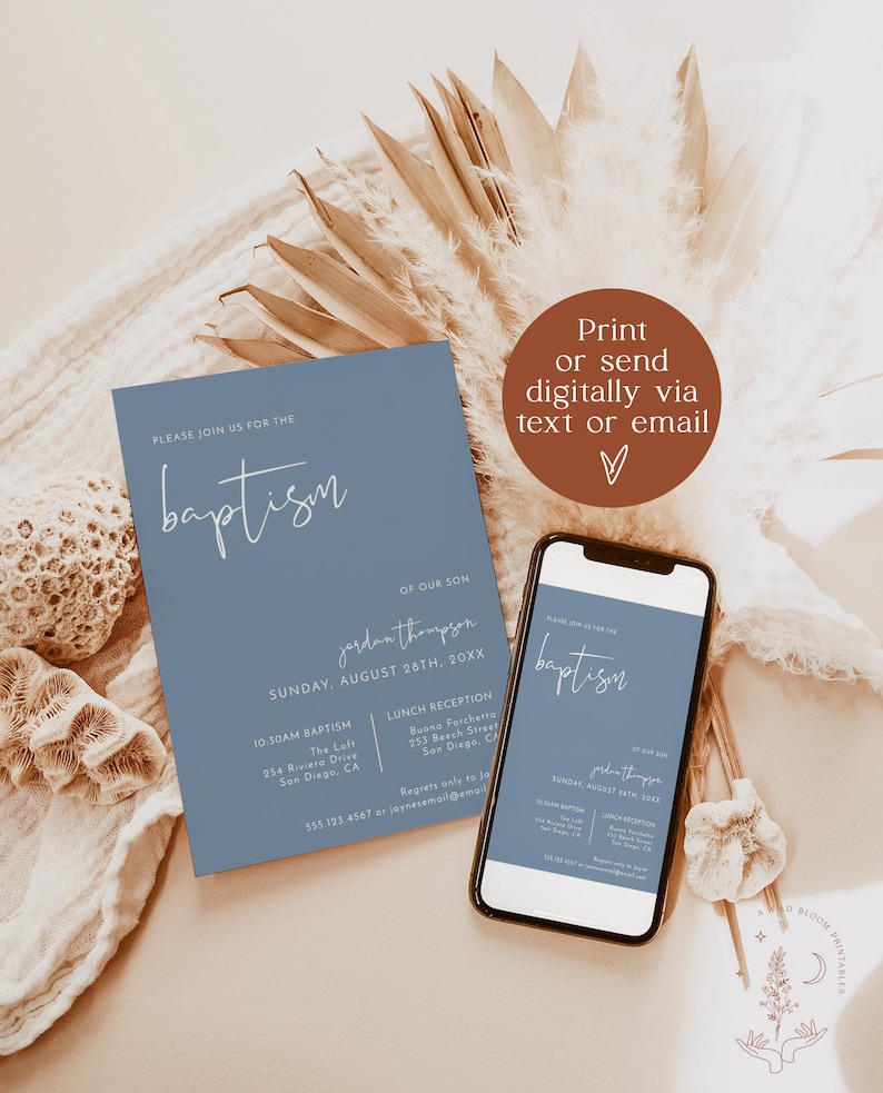 May include: A blue and white baptism invitation with the text "Please join us for the baptism of our son Jordan Thompson, Sunday, August 28th, 20XX". The invitation includes details for the baptism ceremony and lunch reception.