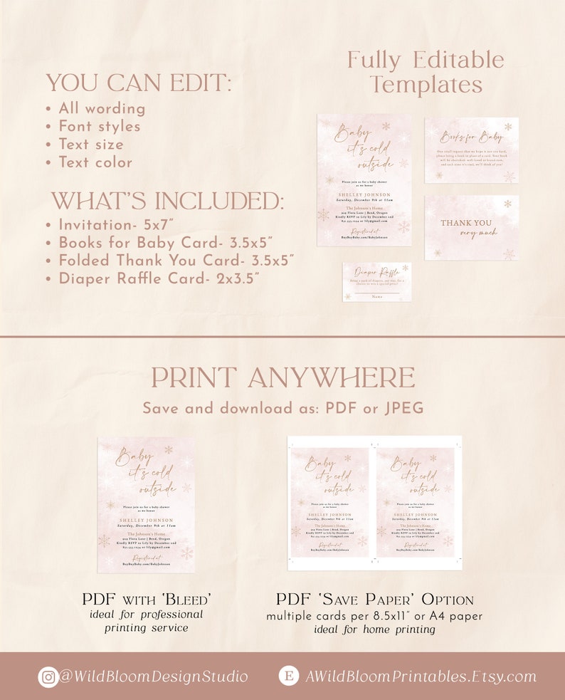 Op de afbeelding: Een digitale sjabloonset voor een babyshower, met bewerkbare tekst en ontwerpelementen. Inclusief uitnodigings-, bedank- en luierloterijkaarten. Het ontwerp heeft een zachte aquarelachtergrond met de tekst "Baby it's cold outside".