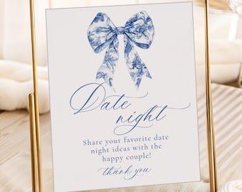 PRINTED + SHIPPED | Blue Floral Date Night Sign | Bridal Shower Activity Sign | Chinoiserie Wedding Decor