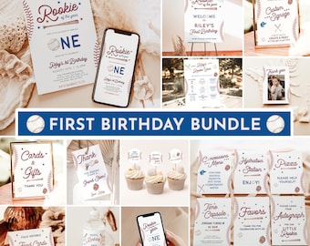 Könnte beinhalten: Ein druckbares Set für eine Baseball-Motto-Geburtstagsparty zum ersten Geburtstag mit einer Vielzahl von Artikeln, darunter Einladungen, Speisekarten, Schilder und Cupcake-Topper. Das Design ist in den Farben Rot, Weiß und Blau gehalten und zeigt Baseball-Grafiken.