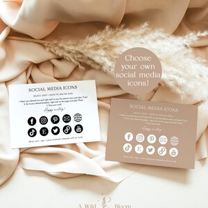 May include: Two printable cards with instructions on how to copy and paste social media icons. The cards are on a beige background with a dried pampas grass sprig. The text on the cards reads "Social Media Icons Select, Copy, Paste to Add an Icon". The icons include Facebook, Instagram, Pinterest, Twitter, TikTok, Email, and YouTube.