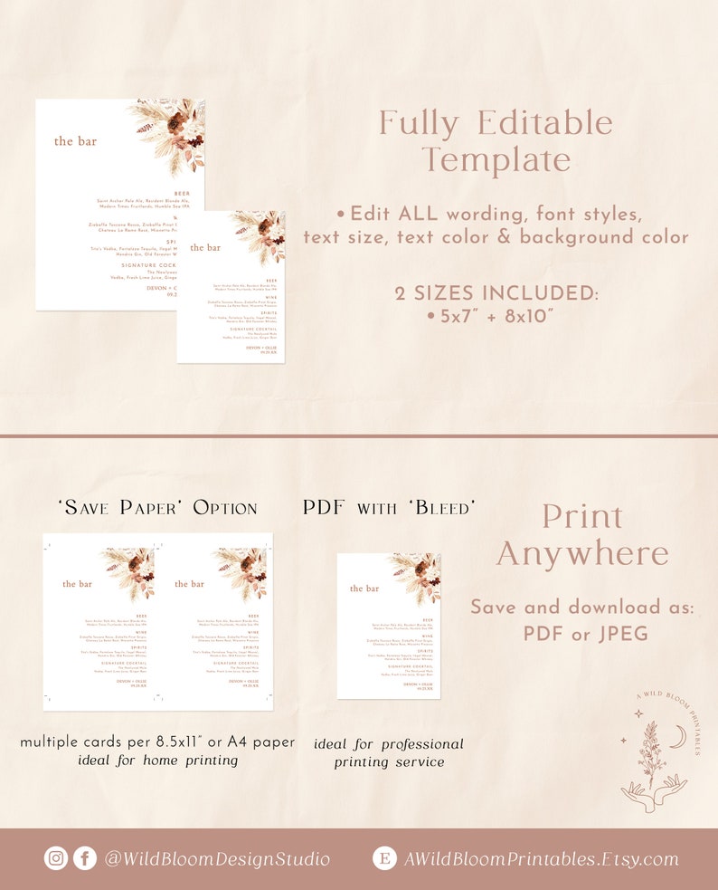 Bohemian Drink Menu Template Pampas Grass Cocktail Menu - Etsy