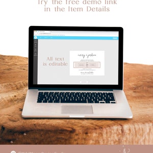 May include: A laptop screen displaying a wedding invitation template with the text "avery + jordan" and "All text is editable". The invitation is in a minimalist style with a brown and white color scheme. The text "Try the free demo link in the Item Details" is displayed above the laptop.