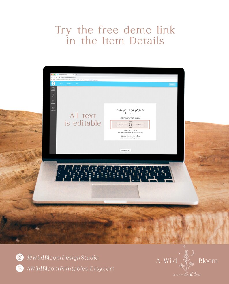 May include: A laptop screen displaying a wedding invitation template with the text "avery + jordan" and "All text is editable". The invitation is in a minimalist style with a brown and white color scheme. The text "Try the free demo link in the Item Details" is displayed above the laptop.