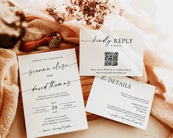 Photo Wedding Invitation Suite Template, Modern Invite Set, Minimalist RSVP Details Card, Instant Download, Editable Bundle, M9