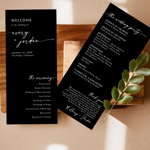 May include: Black and white wedding program cards with calligraphy font. The cards include the wedding party, ceremony details, and a thank you message. The text reads "Welcome to the wedding of Avery + Jordan", "The Wedding Party", "The Ceremony", and "Thank You".