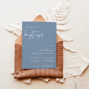 May include: A blue baptism invitation with white text. The invitation is for the baptism of Jardan Thompson on Sunday, 28th August. The invitation includes the time and location of the baptism and the lunch reception. The invitation also includes contact information for regrets only.