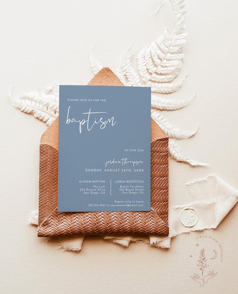 May include: A blue baptism invitation with white text. The invitation is for the baptism of Jardan Thompson on Sunday, 28th August. The invitation includes the time and location of the baptism and the lunch reception. The invitation also includes contact information for regrets only.