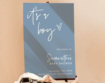 Boy Baby Shower Welcome Sign, Boho, Blue, It's, Minimalist Poster, Instant Download, Editable Template, BM1