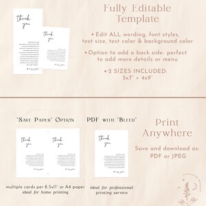 May include: Editable thank you card template with two different sizes: 5x7 inches and 4x9 inches. The template features a handwritten "thank you" in black script. The template is available in two options: "Save Paper" and "PDF with Bleed".