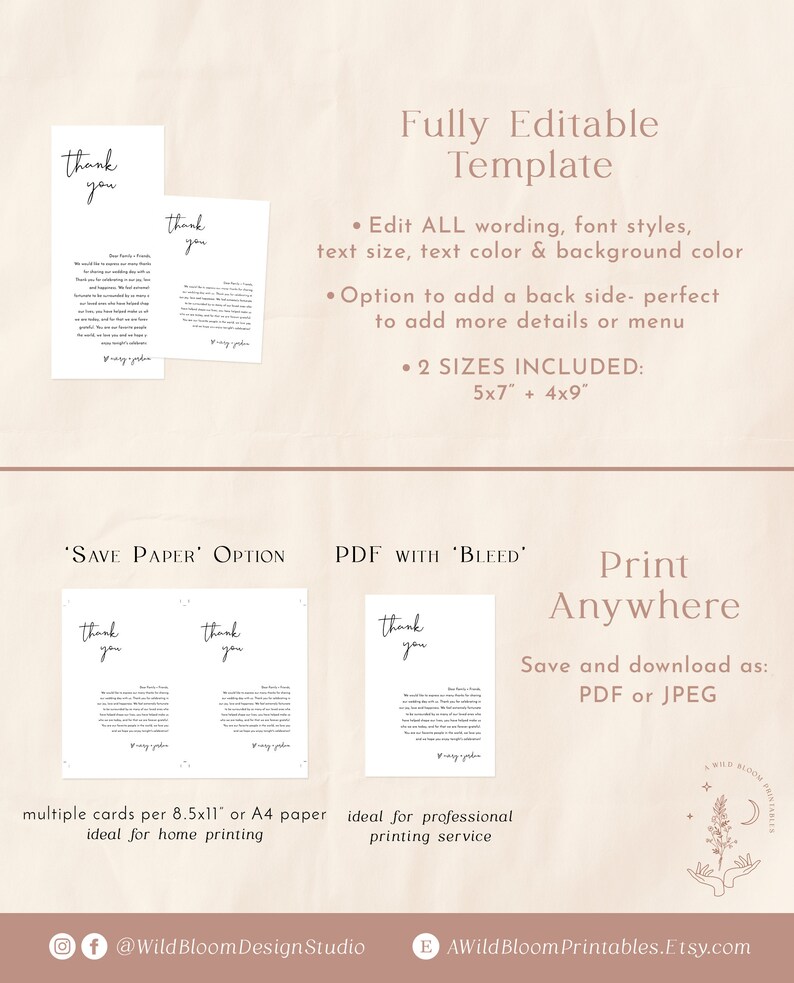 May include: Editable thank you card template with two different sizes: 5x7 inches and 4x9 inches. The template features a handwritten "thank you" in black script. The template is available in two options: "Save Paper" and "PDF with Bleed".