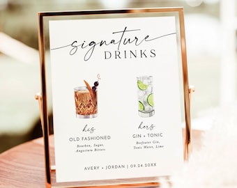 Modelo de placa de bebidas exclusivas, placa de coquetel exclusiva, placa de menu de bar de casamento minimalista, placa de bar dele e dela, modelo editável, M9