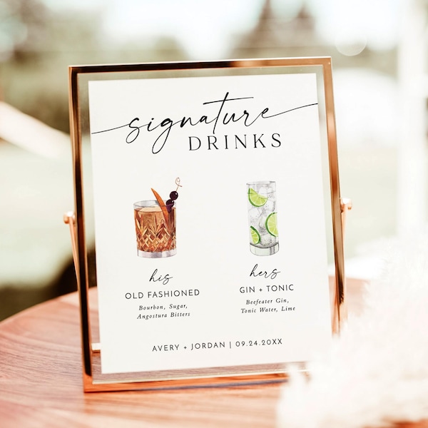 Signature Drinks Sign Template, Signature Cocktail Sign, Minimalist Wedding Bar Menu Sign, His and Hers Bar Sign, Editable Template, M9