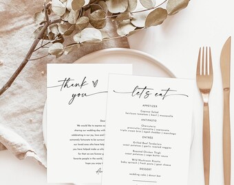 PRINTED + SHIPPED | Minimalist Menu + Thank You Letter | Modern Wedding Place Setting M9