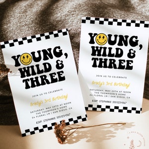 Young Wild and Three Invite Template | Smiley Face Birthday Invite | Boy 3rd Birthday | Lightening Bolt Smiley | Editable Template | S4