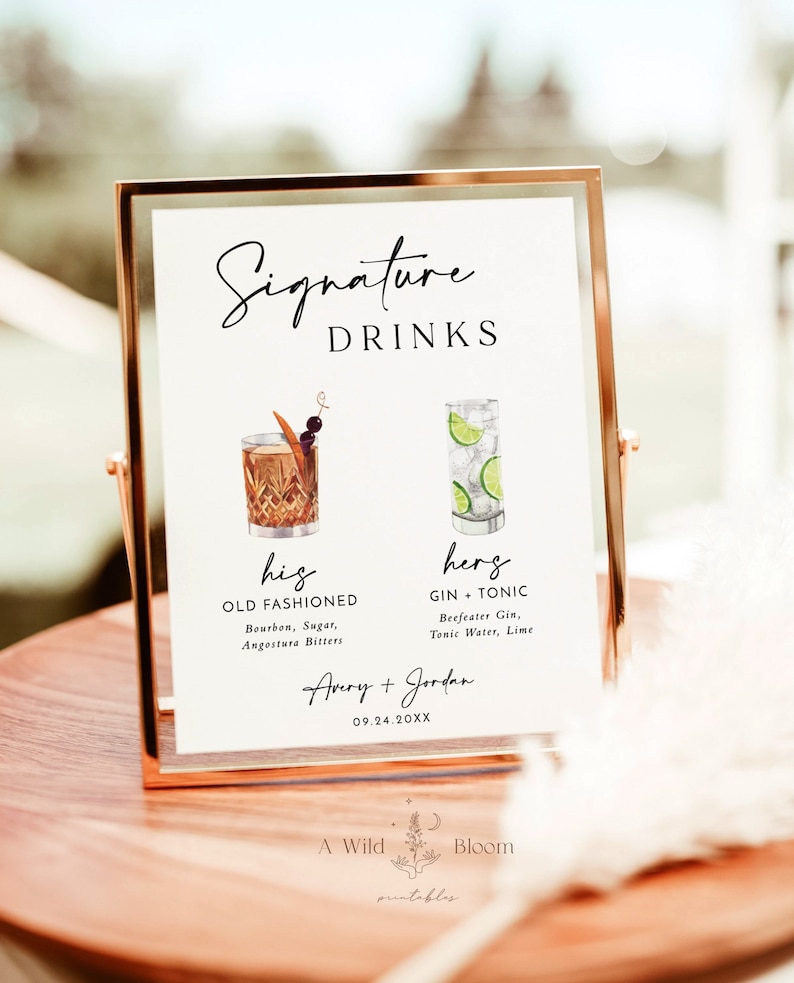 Signature Drinks Sign Template Signature Cocktail Sign Minimalist Wedding Bar Menu Sign His and Hers Bar Sign Editable Template M5 image 1