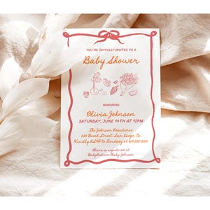 Uitnodiging babyshower, handgetekende babyshower uitnodigen, genderneutrale babyshower uitnodigen, kleurrijke strik babyshower, bewerkbare sjabloon, H1