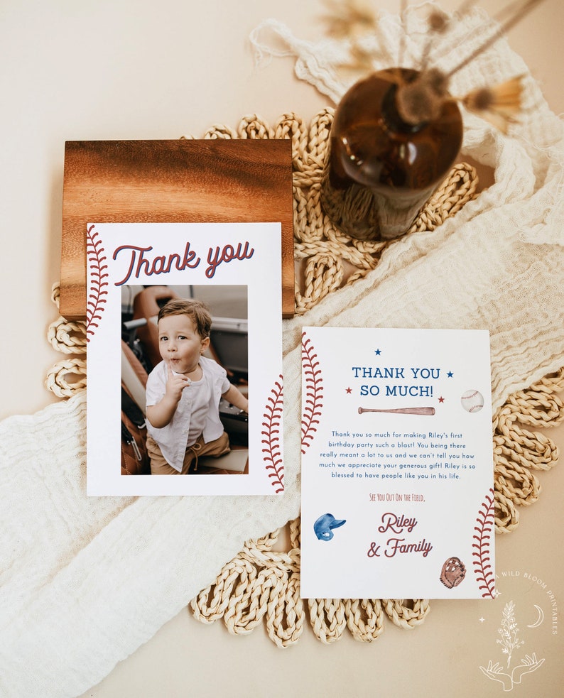 Baseball 1st Birthday Thank You Card, Photo, Rookie of the Year Party ...