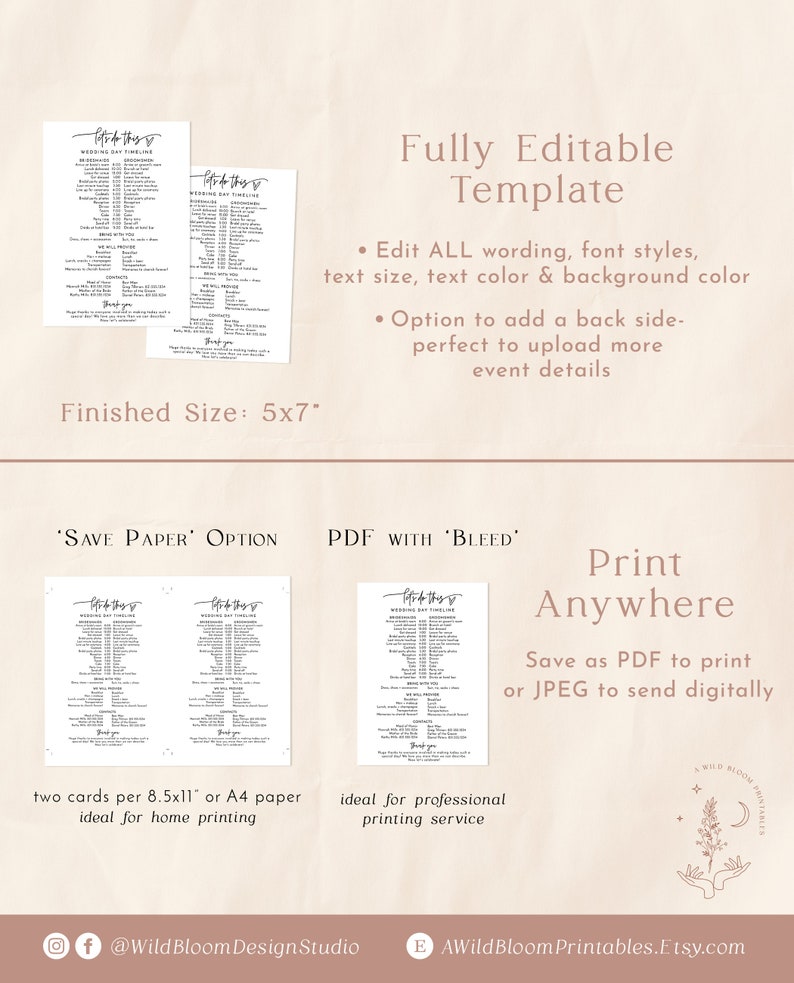 Wedding Party Timeline Printable Wedding Day Schedule Bridal Party Timeline Editable Template Wedding Party Itinerary Schedule M8 image 5