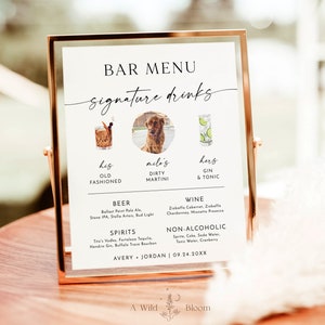 Pet Signature Drinks Sign Template, Minimalist Wedding Bar Menu Sign, His and Hers Bar Sign, Editable Signature Cocktail Sign, M9