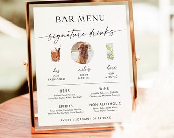 Pet Signature Drinks Sign Template | Minimalist Wedding Bar Menu Sign | His and Hers Bar Sign | Editable Signature Cocktail Sign | M9