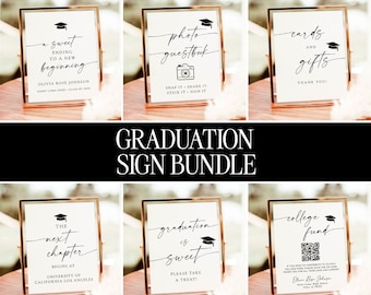 May include: A set of six printable graduation signs in gold frames. The signs feature black text and graphics on a white background. The signs include the text "a sweet ending to a new beginning", "photo guestbook", "cards and gifts", "the next chapter begins at University of California Los Angeles", "graduation is sweet", and "college fund".