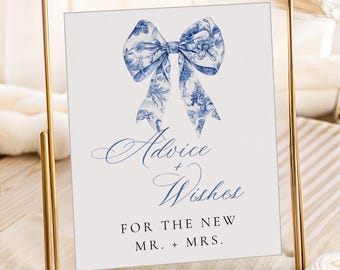 PRINTED + SHIPPED | Blue Floral Bow Advice & Wishes Sign | Bridal Shower Table Decor | Chinoiserie Wedding Sign