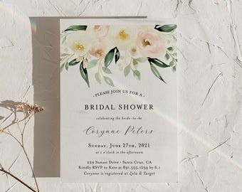 PRINTED + SHIPPED | Blush Floral Bridal Shower Invitation Peach White Roses Greenery Watercolor Bridal Shower Invite Card