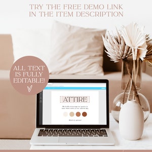 Puede incluir: Una pantalla de computadora port&aacute;til que muestra un letrero digital imprimible que dice "ATTIRE" con una paleta de colores beige, marr&oacute;n y naranja. El texto en el letrero dice "Invitamos amablemente a nuestros invitados a usar estos colores para nuestro d&iacute;a especial. Corbata negra opcional."