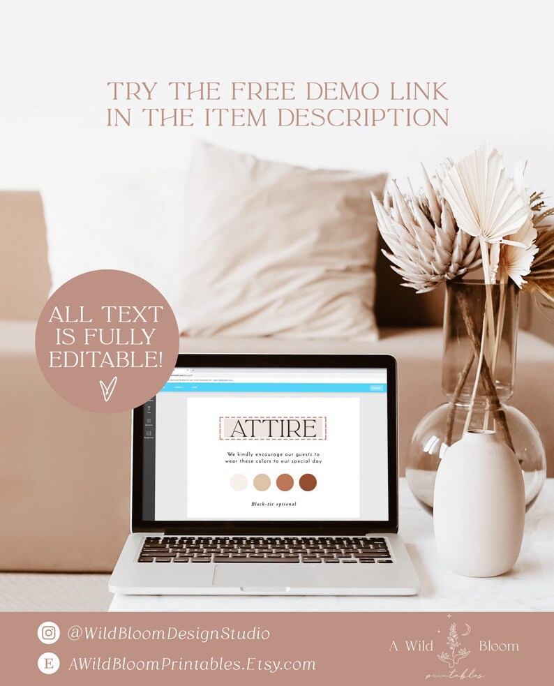 Puede incluir: Una pantalla de computadora port&aacute;til que muestra un letrero digital imprimible que dice "ATTIRE" con una paleta de colores beige, marr&oacute;n y naranja. El texto en el letrero dice "Invitamos amablemente a nuestros invitados a usar estos colores para nuestro d&iacute;a especial. Corbata negra opcional."