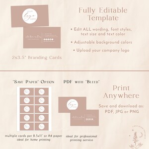 May include: A printable template for 2x3.5 inch branding cards. The template features a light brown background with a white circle for a logo. The text "YOUR LOGO HERE" is written in a cursive font. The template is fully editable and includes options for saving paper or using a bleed.
