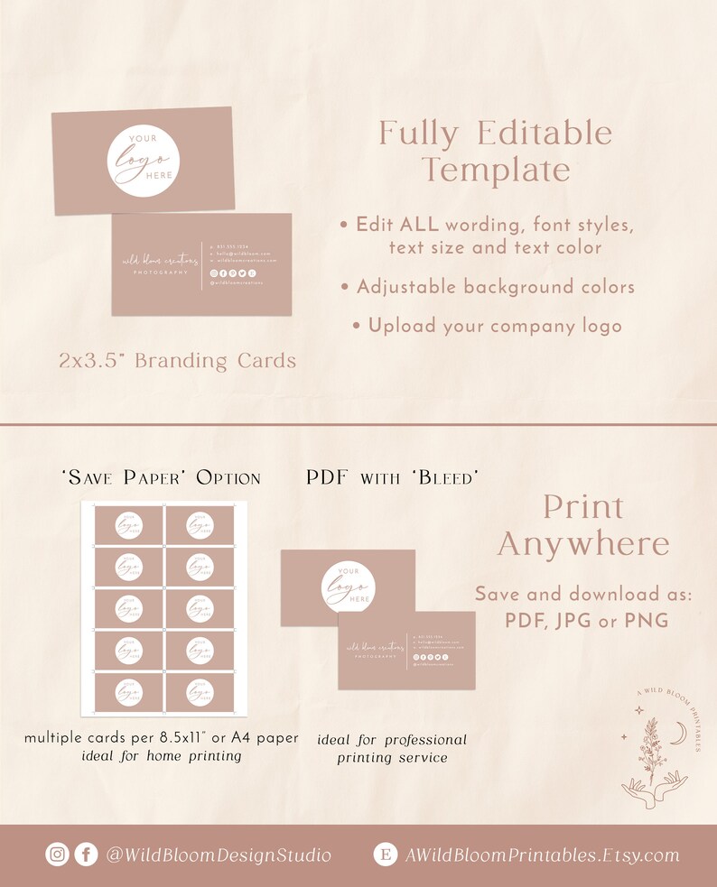 May include: A printable template for 2x3.5 inch branding cards. The template features a light brown background with a white circle for a logo. The text "YOUR LOGO HERE" is written in a cursive font. The template is fully editable and includes options for saving paper or using a bleed.
